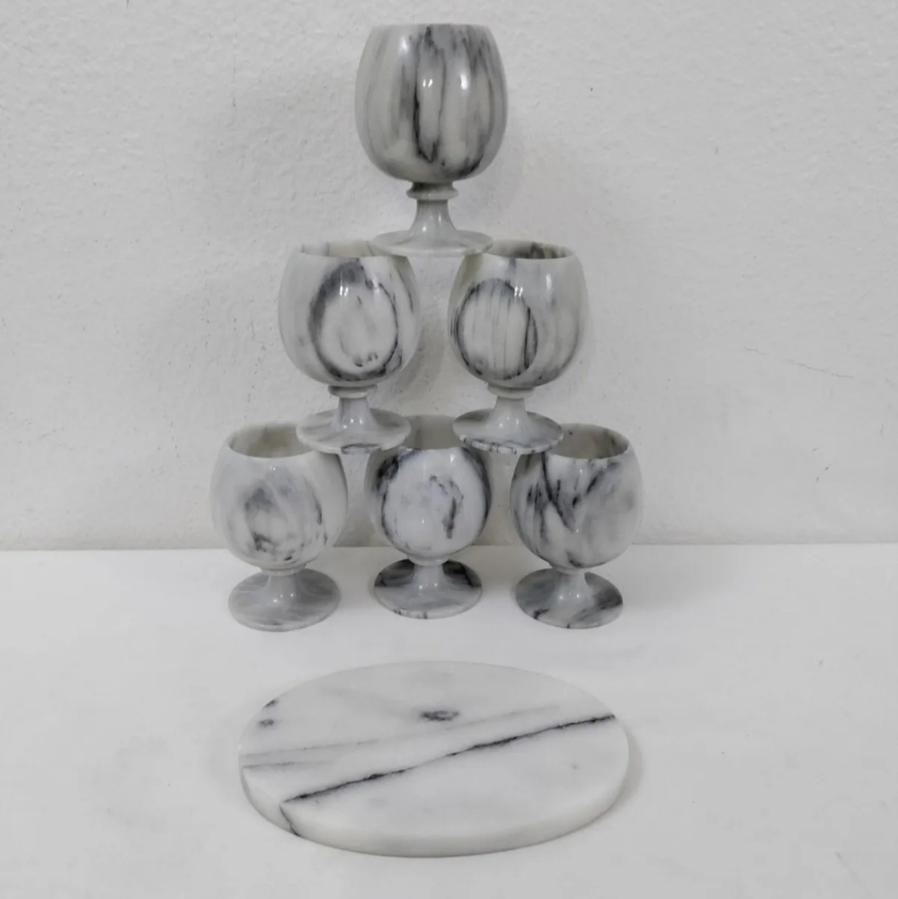 Set of 6 Vintage Natural Agate Marble Onyx 4" Wine Goblets Glasses W/Cheese Tray